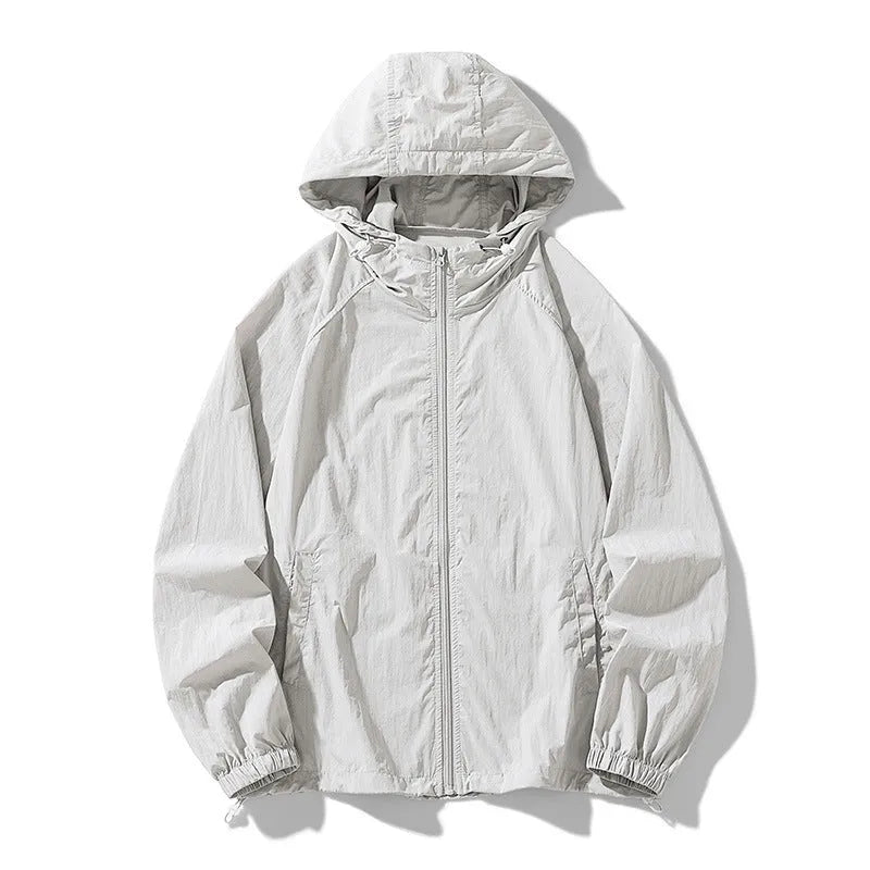 Loose-fitting thin outdoor jacket in a chemical fibre blend, shown in a choice of colours.