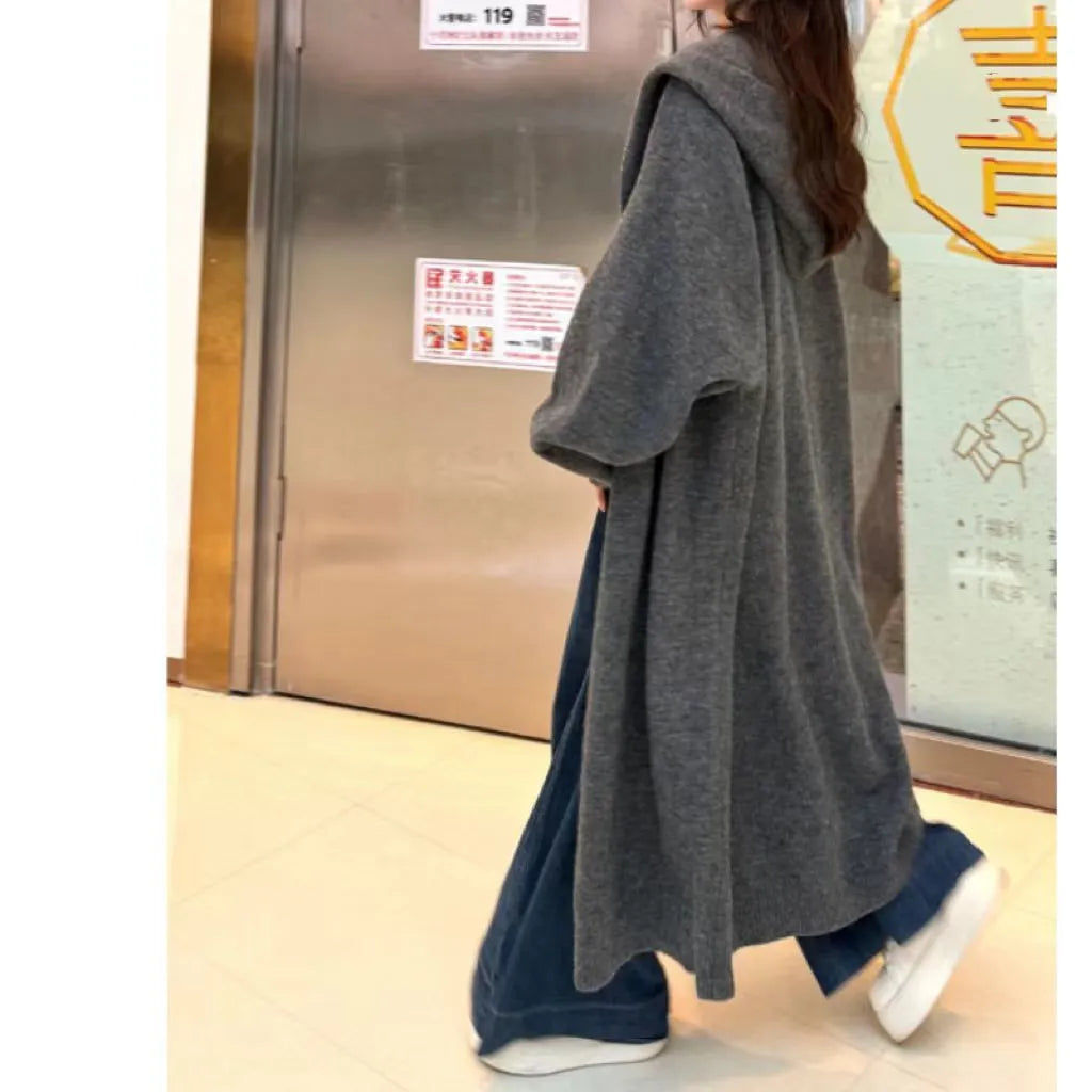 Korean style hooded long knitted cardigan for women in oatmeal colour, below knee length