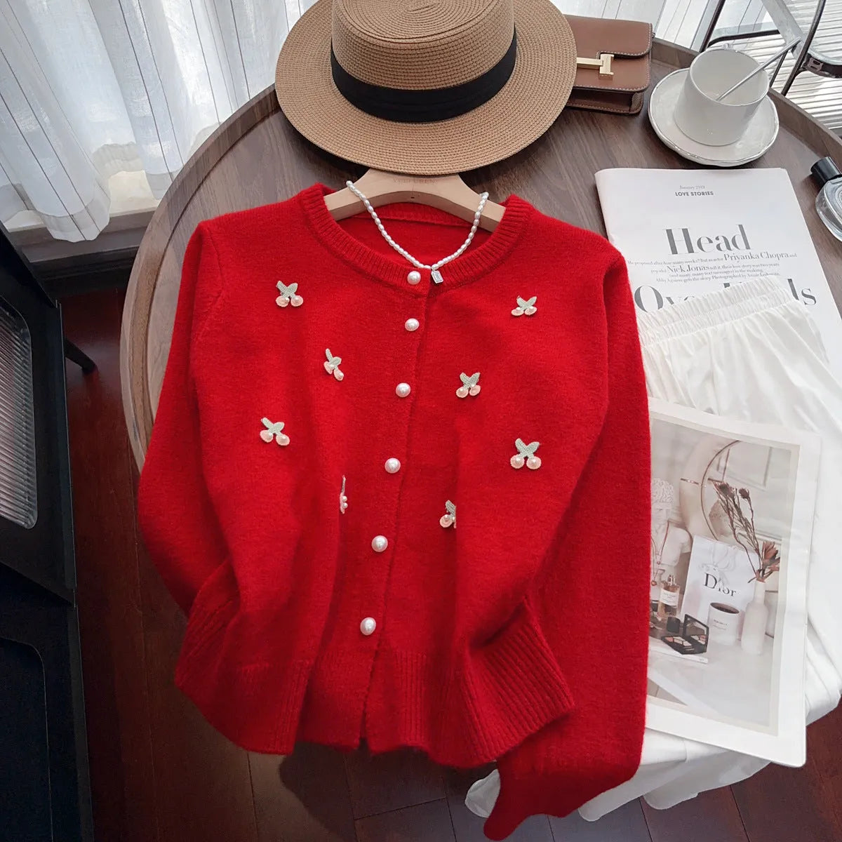 Women's cashmere French sweet cardigan sweater coat with beaded elements in slim fit design