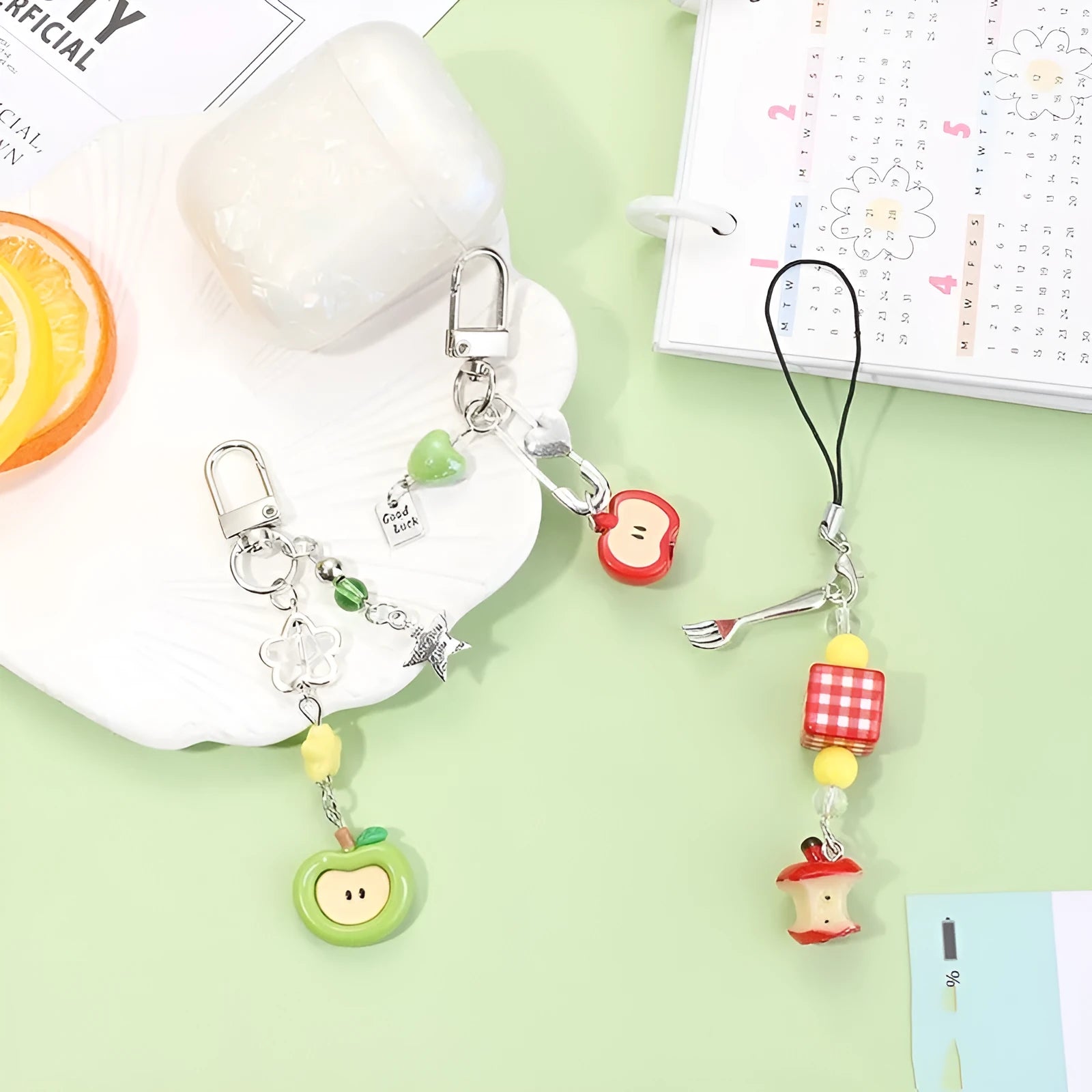 Fruit pattern plastic mobile phone keychain pendant with apple and strawberry designs