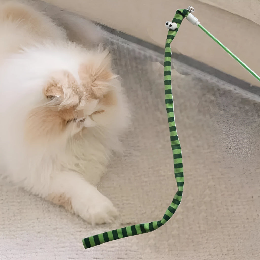 Long plush cat teaser wand toy with polycarbonate handle and colourful soft strip