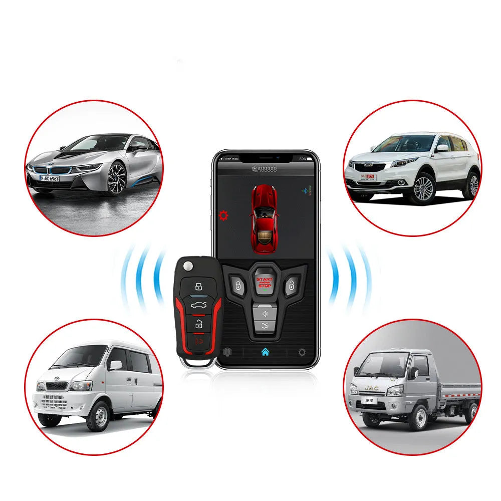 Red and frosted black one-way remote control car alarm system with two remotes for vehicle security.