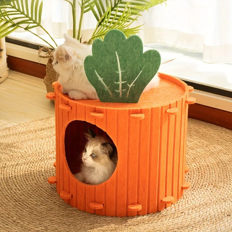 Carrot-shaped cat tunnel in polyester felt with semi-enclosed design and entry holes