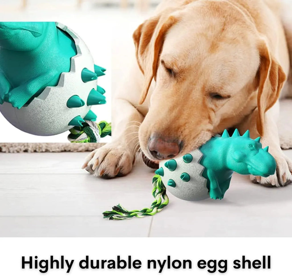 Blue dinosaur-shaped dog chew toy with rope and textured rubber surface.
