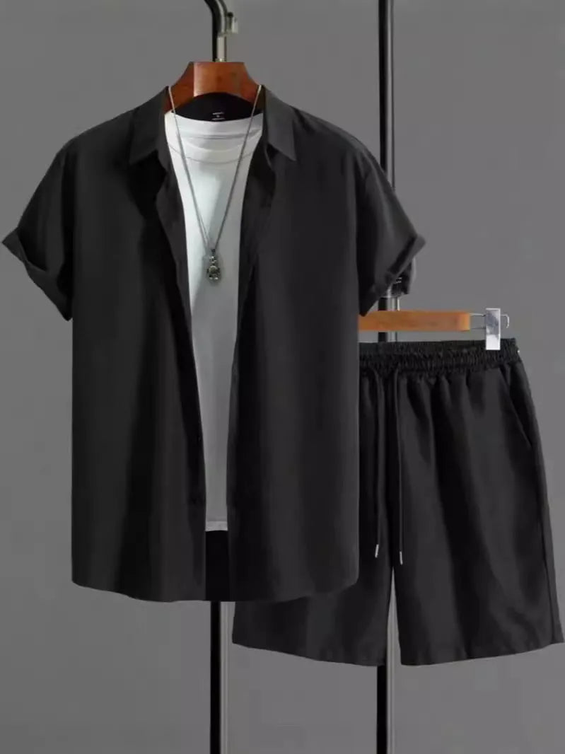 Men's Jacquard polyester blend short sleeve suit with matching shorts in solid colour