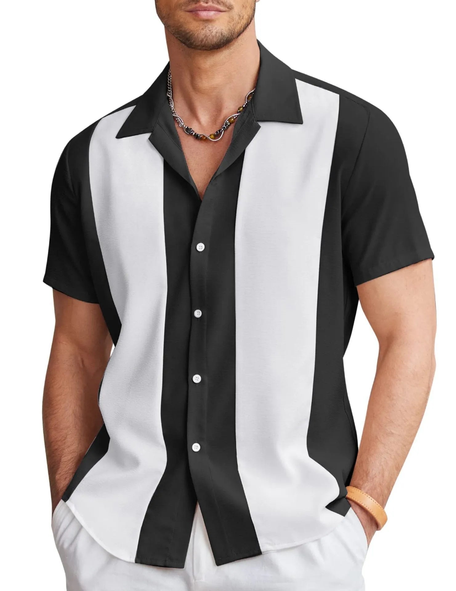 Men's slim fit Hawaiian shirt with digital printed pattern and elastic fabric in various colour options