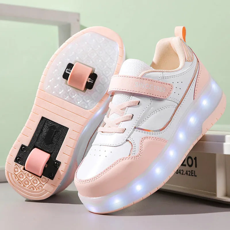 Child's charging flash roller skate with illuminated LED wheels in pink, showing buckle and lace closure.