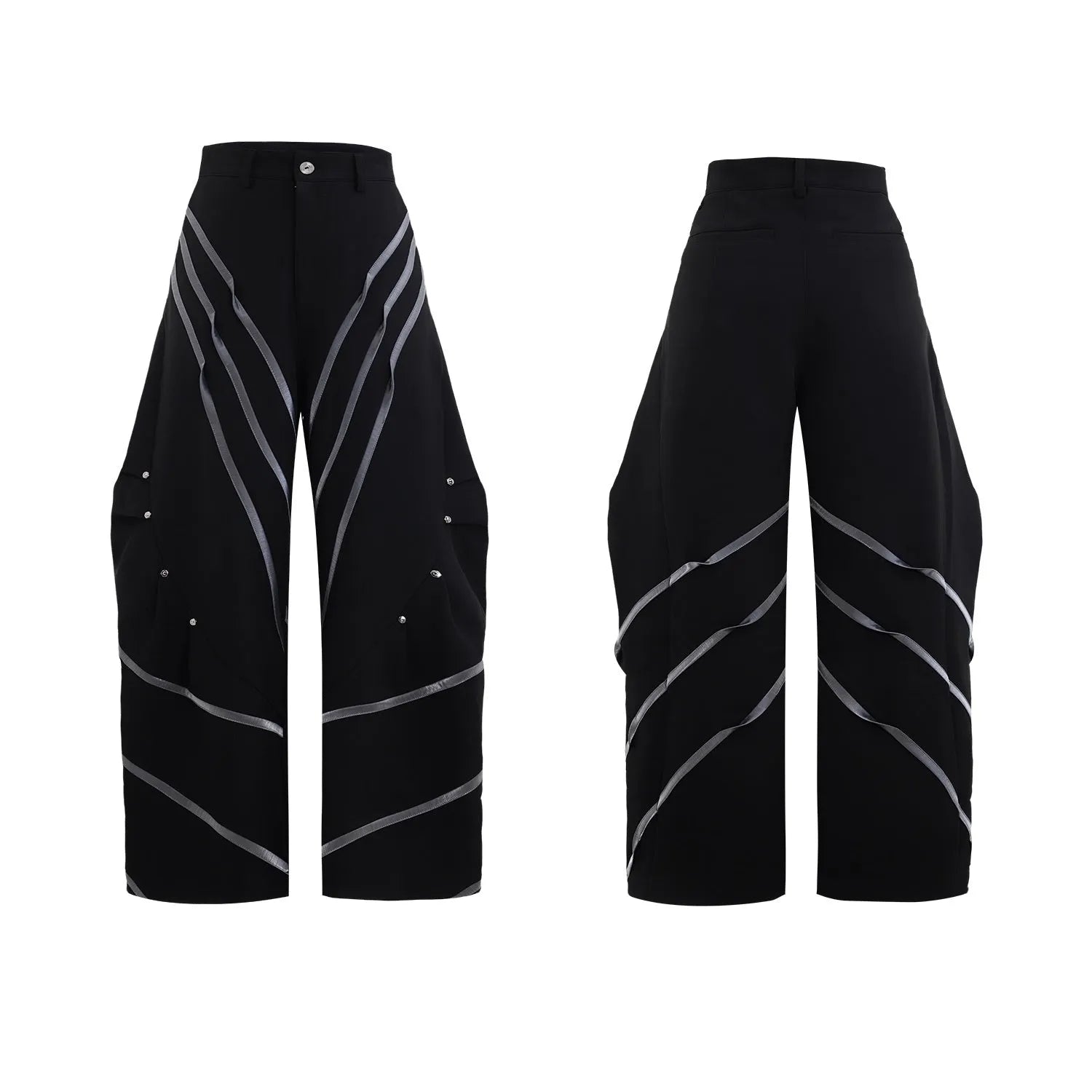 Men's polyester trousers with metal striped rivet pleats and three-dimensional cutting in black and white colour options