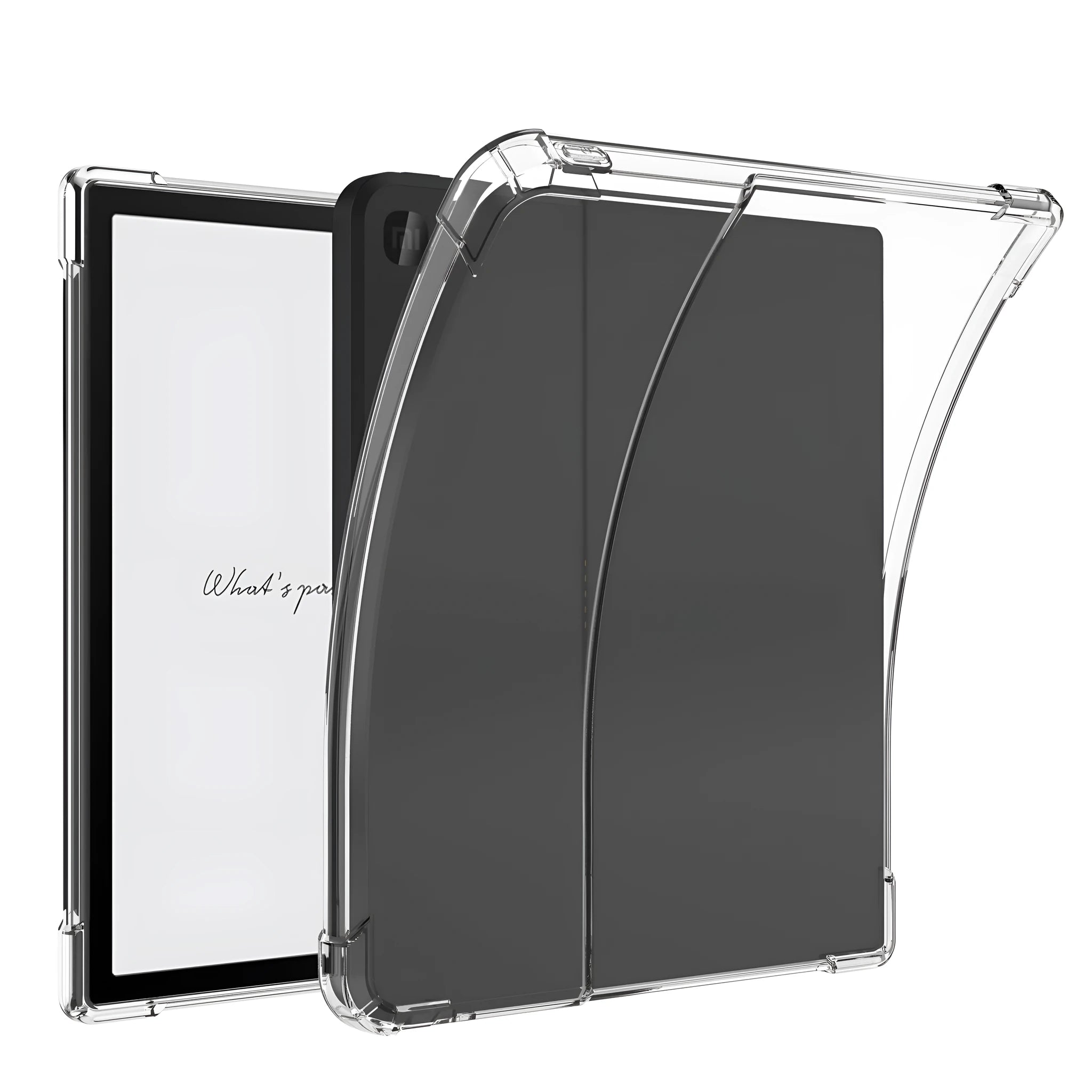 Transparent airbag protective phone case for 7-inch Xiaomi device showing shockproof TPU construction