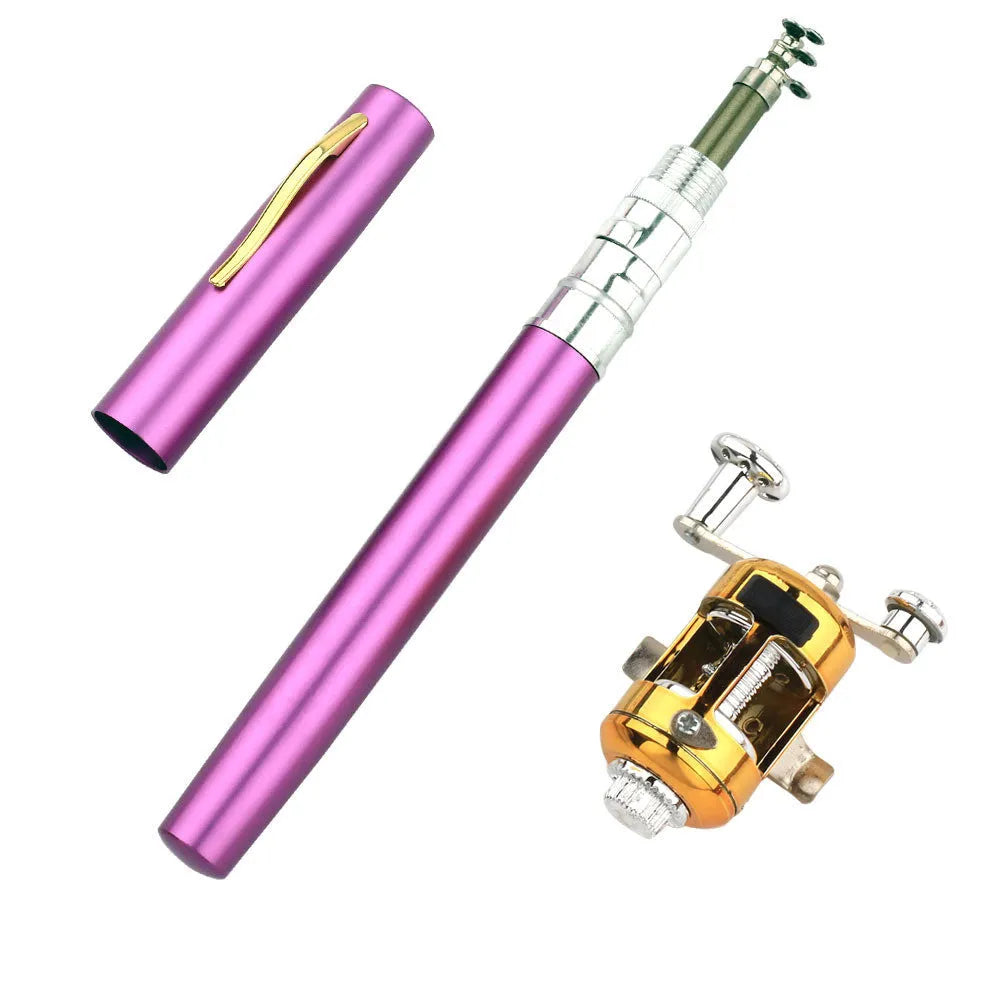Telescopic pocket fishing rod and reel kit showing extended 1m rod and compact aluminium storage case