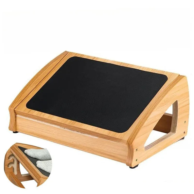 Wooden adjustable bamboo office desk footstool in natural wood colour