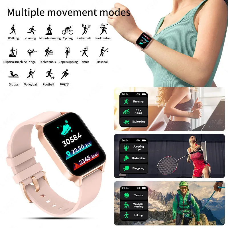 Smart health watch with colour screen on a black mesh metal strap, showing heart rate and step data.