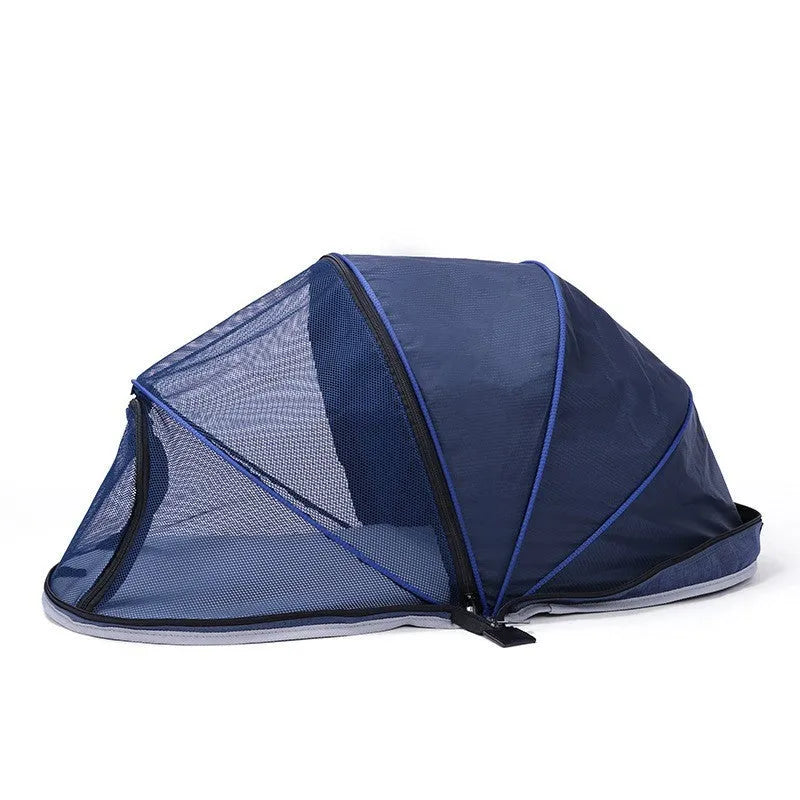 Folding cloth tent for cats with mesh panels in black or blue options