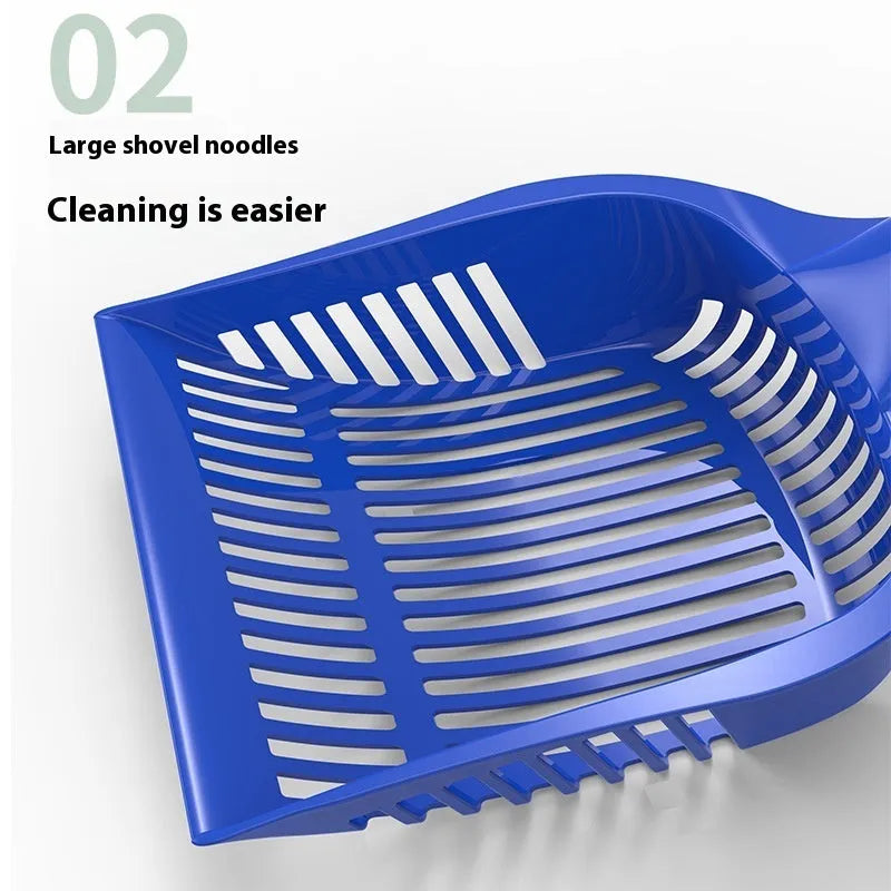 Red plastic cat litter scoop with deep sifting bowl and handle next to a yellow scoop.