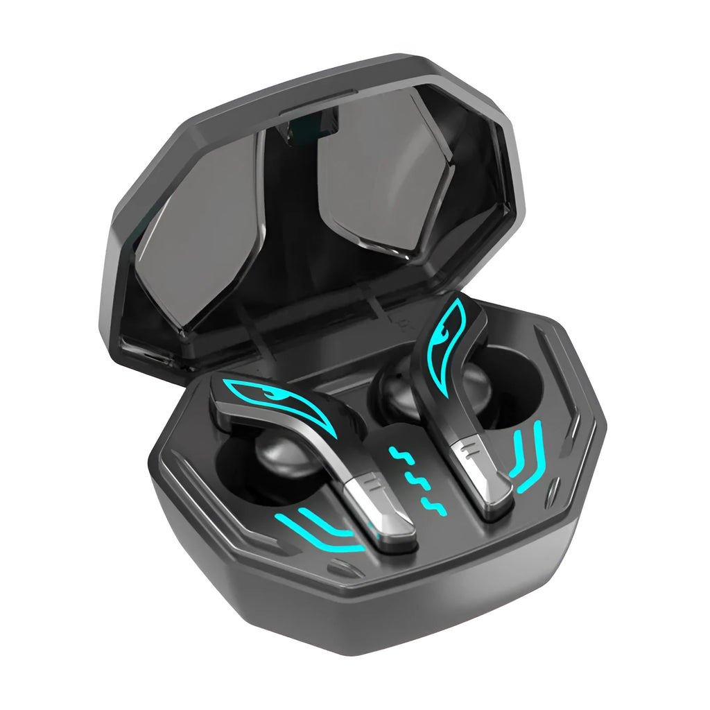 X15 black wireless in-ear Bluetooth gaming headphones with charging case on a grey background.