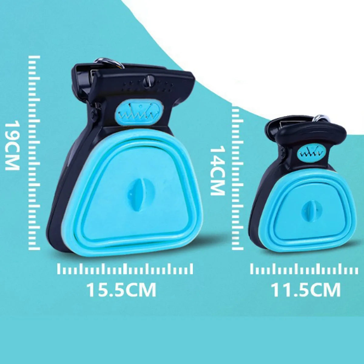 Portable handheld dog pooper scooper with foldable waste container and bag dispenser in blue colour