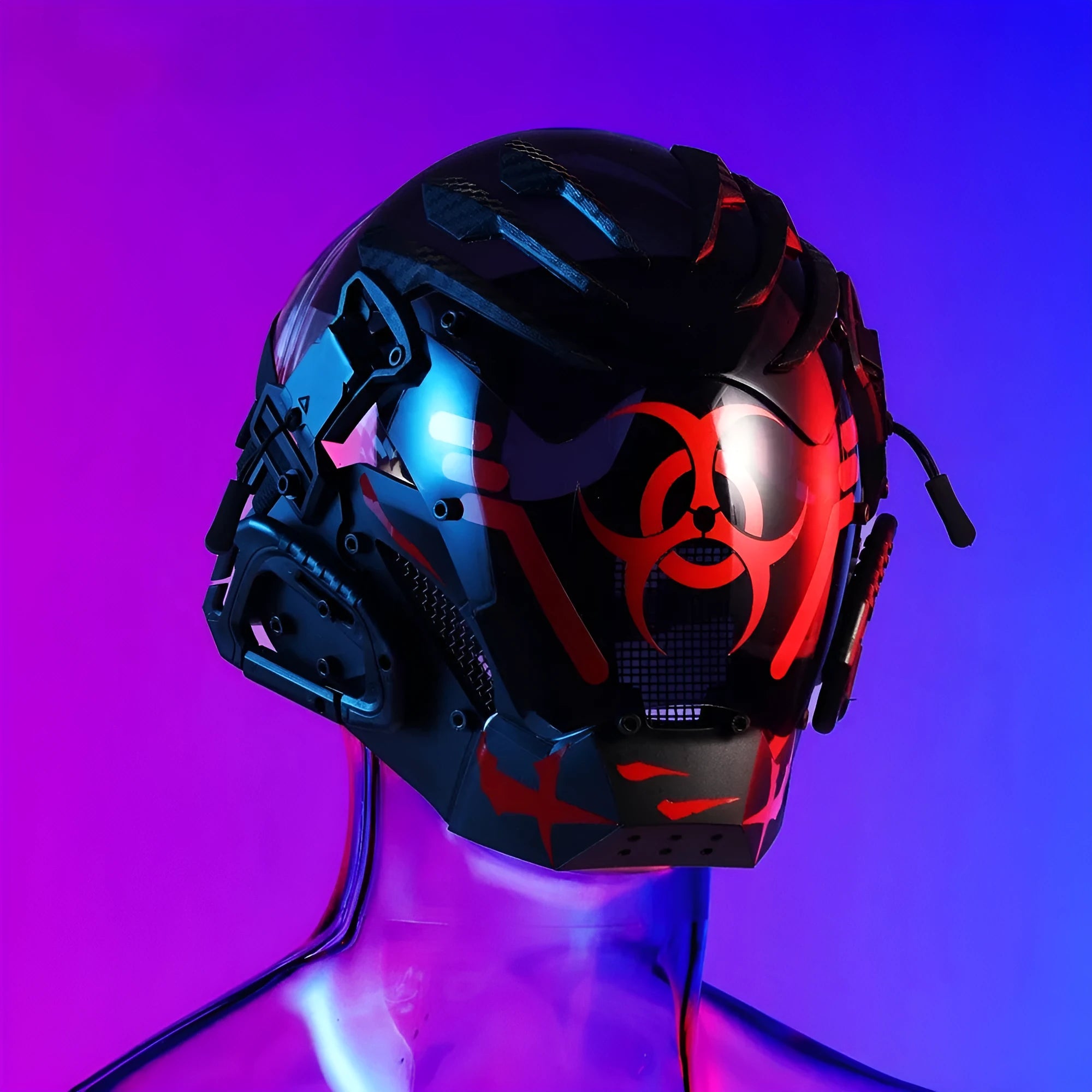 Black bioweapon full face helmet prop mask with tech-themed CYBER04 design