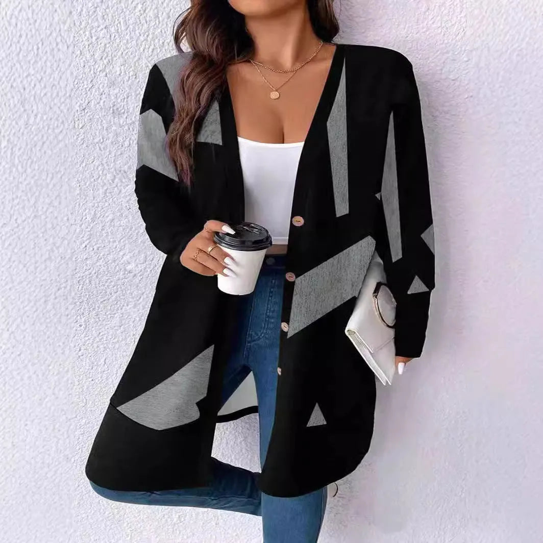 Black plus size casual cardigan coat with button stitching printing detail and regular sleeves