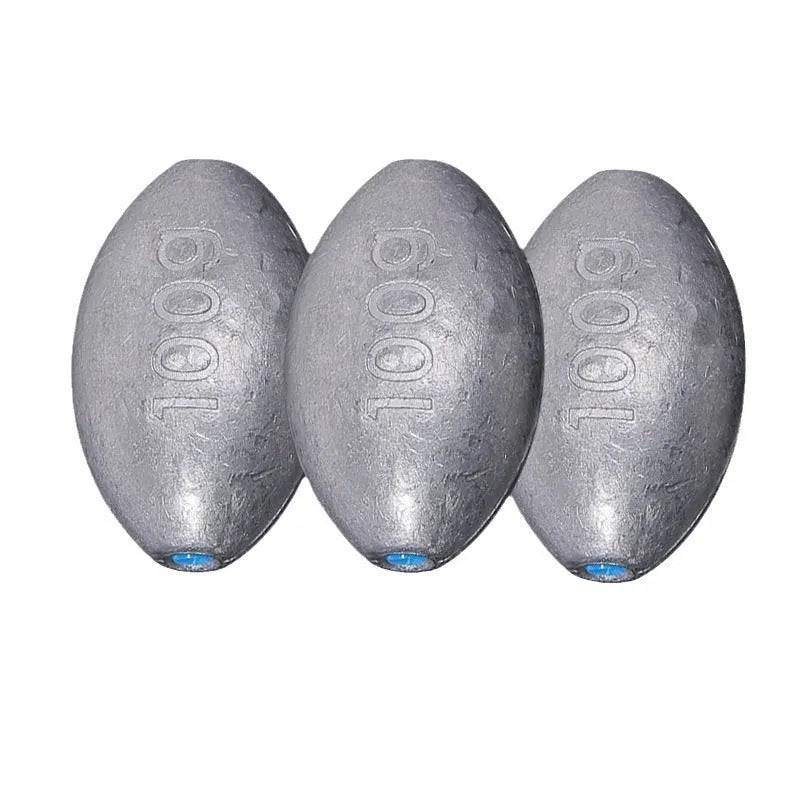 Rugby-shaped olive lead fishing sinker with scale texture pattern and plastic core construction