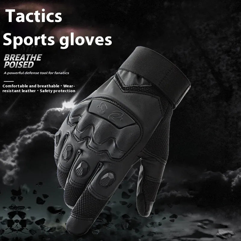 Men's black tactical training gloves with touch screen fingertips shown on hands