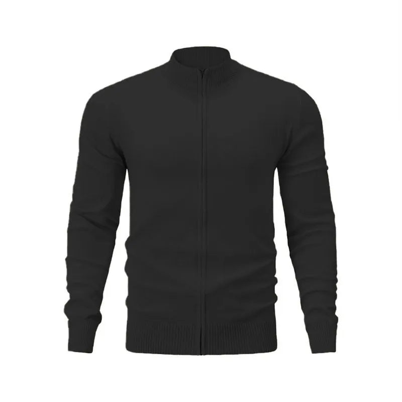 Loose-fit casual cotton zip cardigan sweater with a stand collar in apricot colour.
