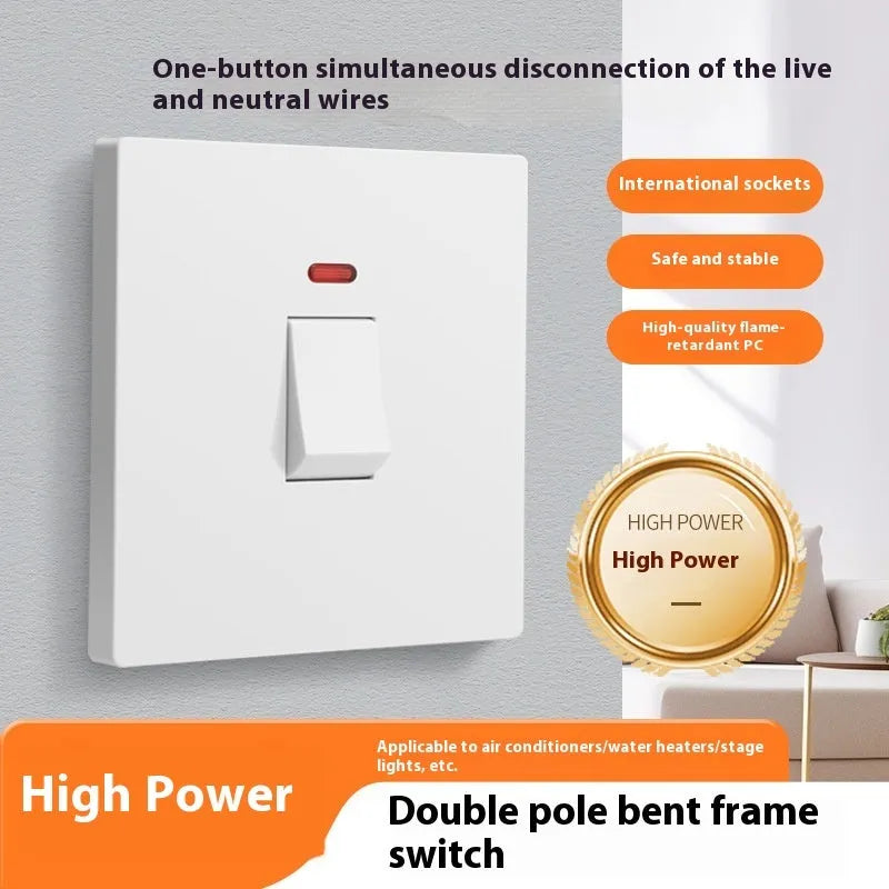 High-current double-break electrical switch with light panel indicator in gold, grey, or white finish.
