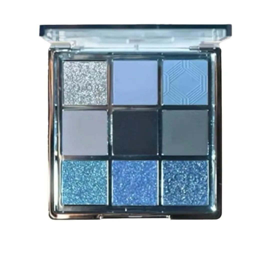 MUGELEEN nine-colour eye shadow palette showing low saturation shades with matte and shimmer finishes