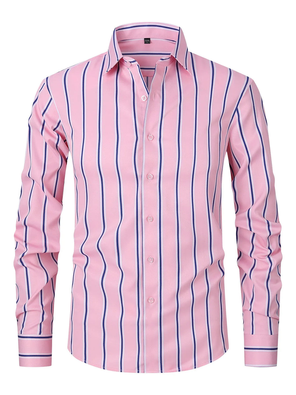 Men's slim fit striped long sleeve shirt in ice silk polyester blend for business wear.