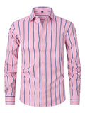 Men's slim fit striped long sleeve shirt in ice silk polyester blend for business wear.