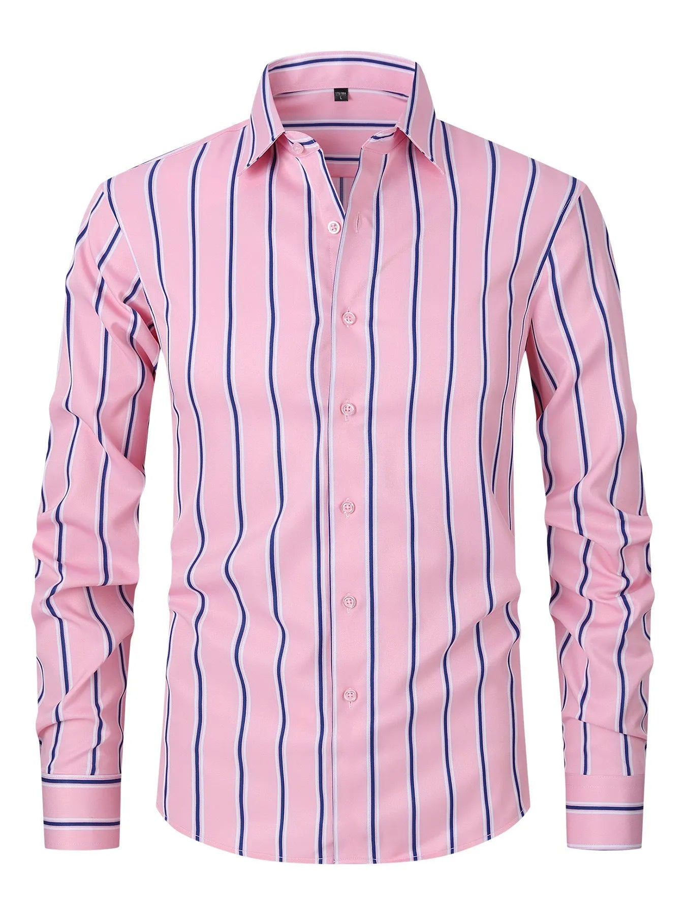 Men's slim fit striped long sleeve shirt in ice silk polyester blend for business wear.