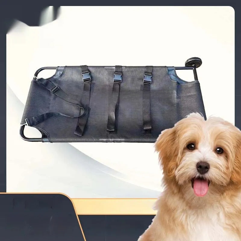 Large black aluminium alloy pet stretcher in folded position for dog emergency transport