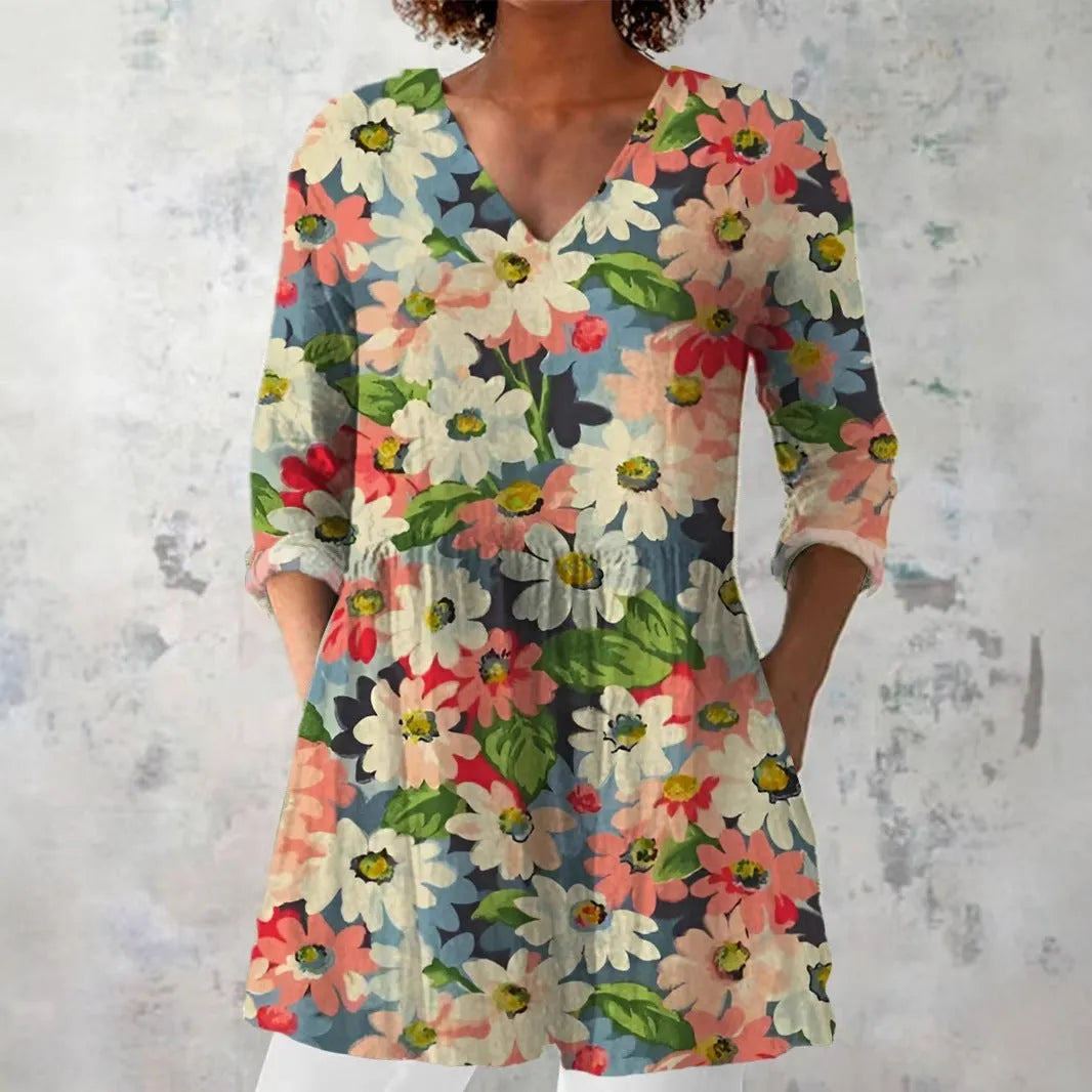 Women's retro slim fit long-sleeved top with digital print pattern in polyester fabric