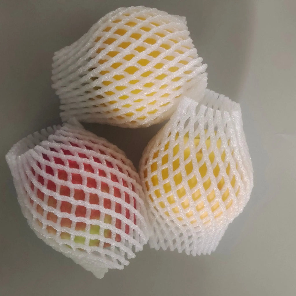 White foam protective net case for fruits showing mesh texture and size options