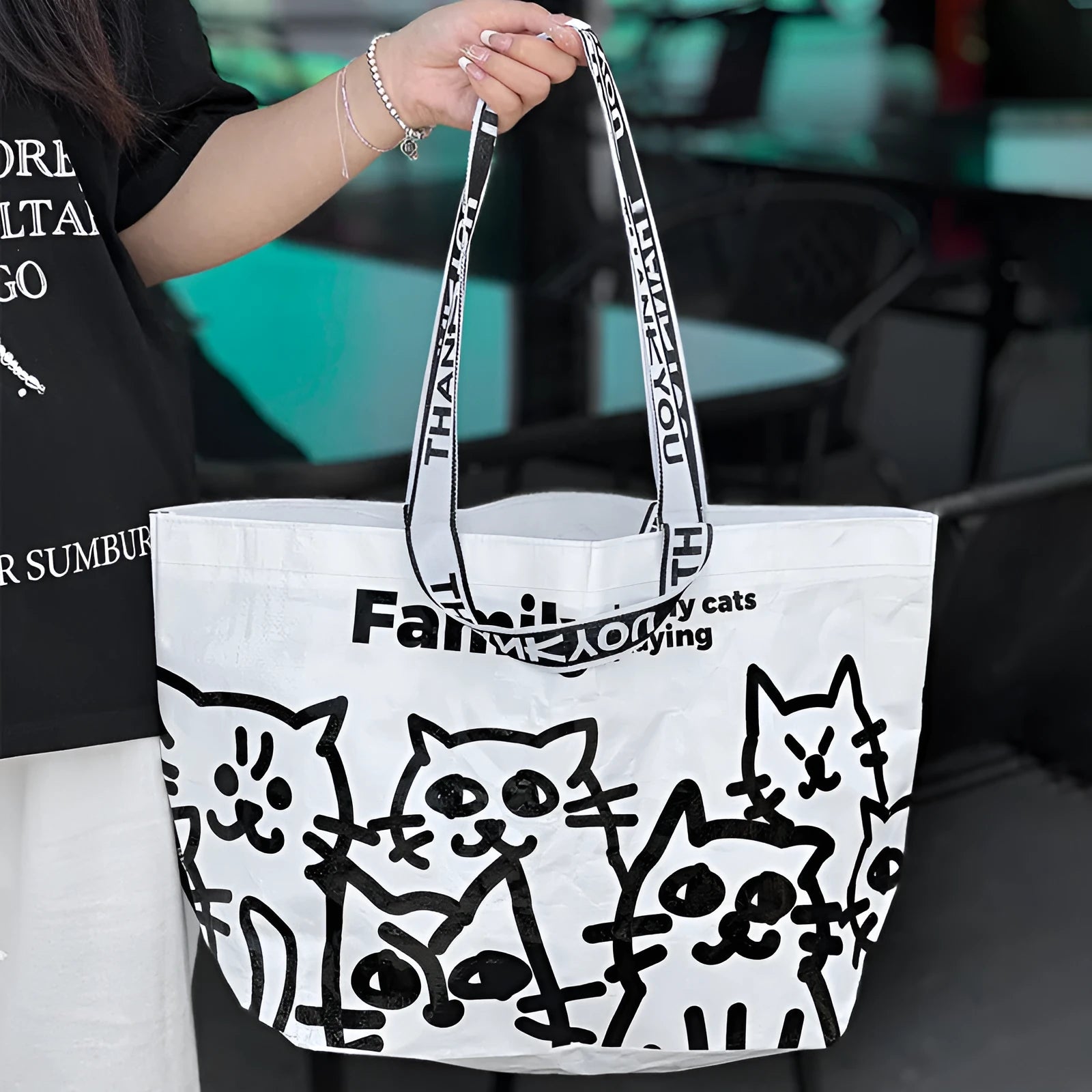Waterproof woven handbag with colour printing decoration for portable daily use