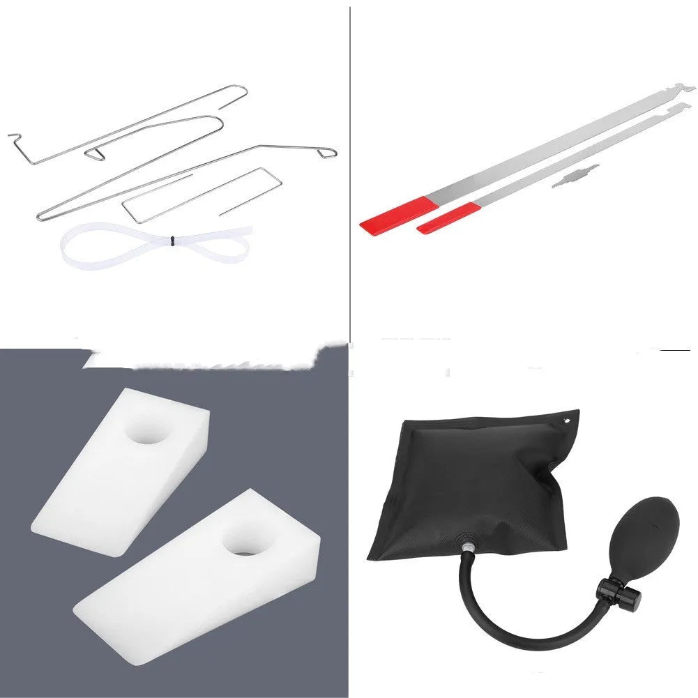 9-piece automotive emergency tool set with air pump wedge, plastic wedges, hooks, and crowbar tools