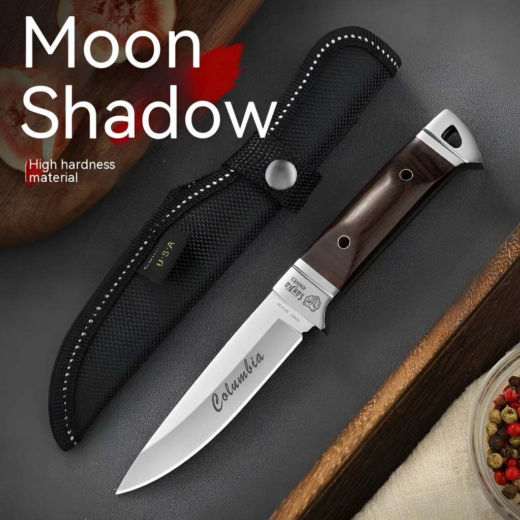 Camping multifunctional fruit knife with stainless steel blade and brown leather sheath.