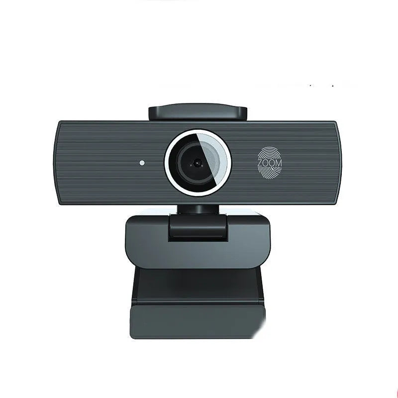 Black USB webcam with magnetic privacy cover showing 8MP 4K resolution for video conferencing