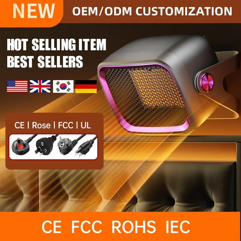 Compact white desktop ceramic heater with control buttons and rotatable base.