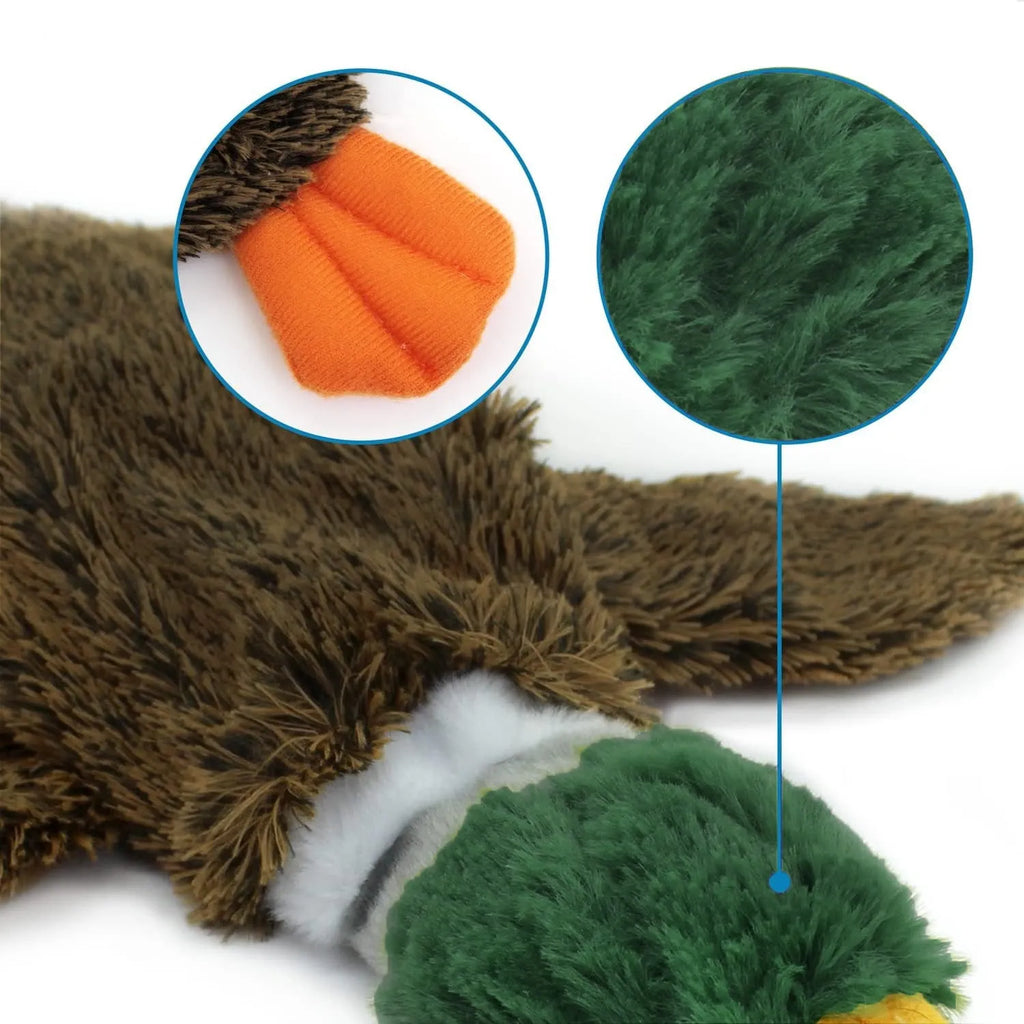 Green wild duck stuffless dog toy with squeakers and bottle cavity opening