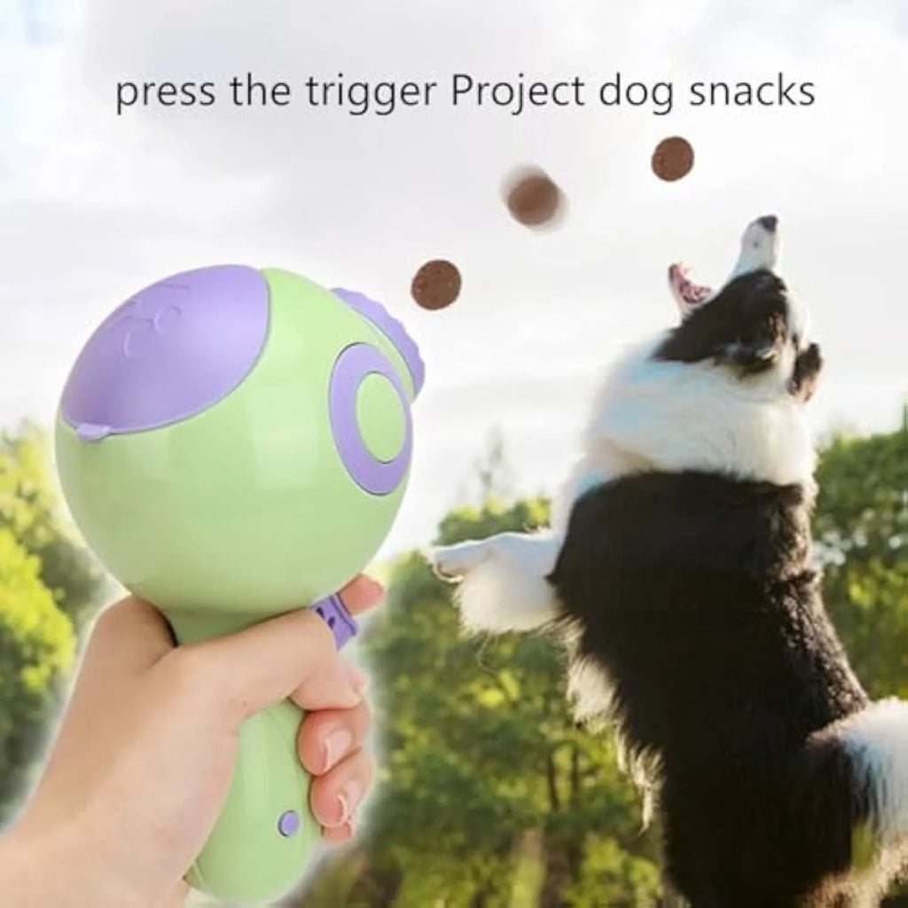 Green, orange, and pink coloured interactive dog treat launcher and food dispenser toy.