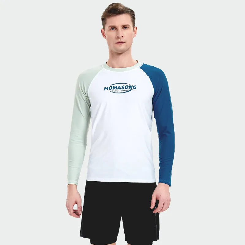 Men's white long-sleeved swim top with matching colour swim trunks laid flat.