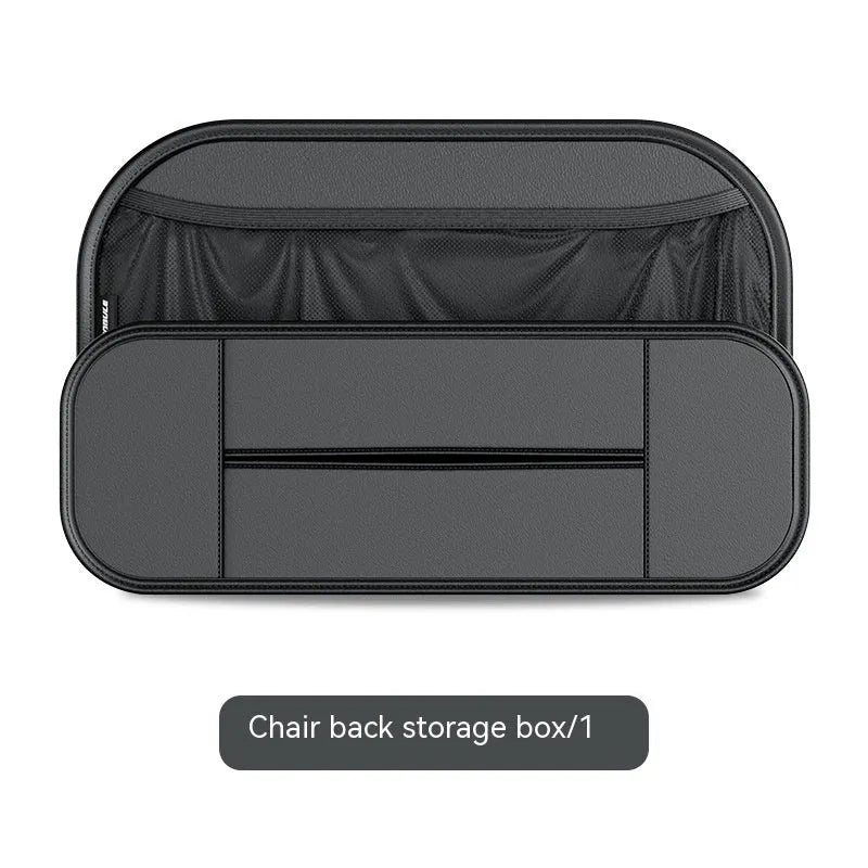 Black leather car seat back storage bag with mesh pockets for phones and bottles.