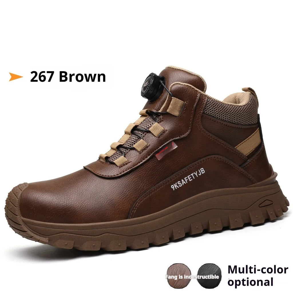 Leather Flyknit safety work shoes with rubber sole shown in black, grey, khaki, and brown colour options.