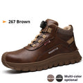 Leather Flyknit safety work shoes with rubber sole shown in black, grey, khaki, and brown colour options.