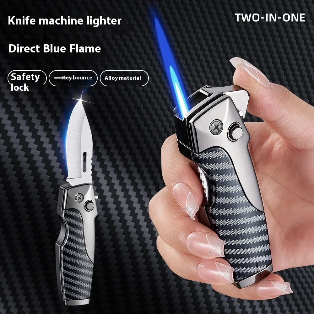 Zinc alloy metal folding pocket lighter with a knife, shown in a wood grain finish
