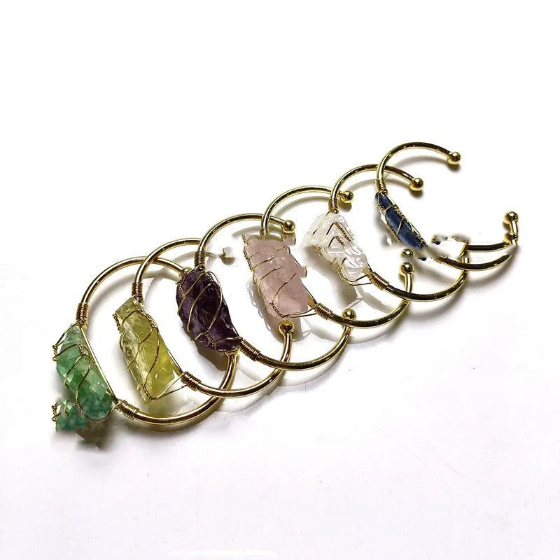 Natural crystal rough stone bracelet with gold winding geometric design