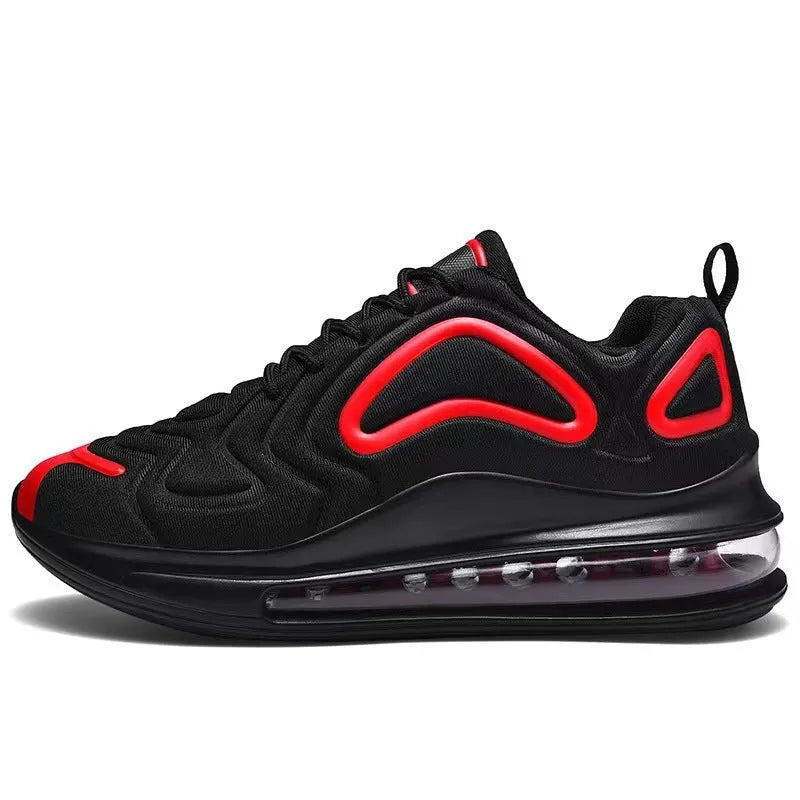 Men's black casual running sneakers with air cushion, lace-up front, and thick sole.