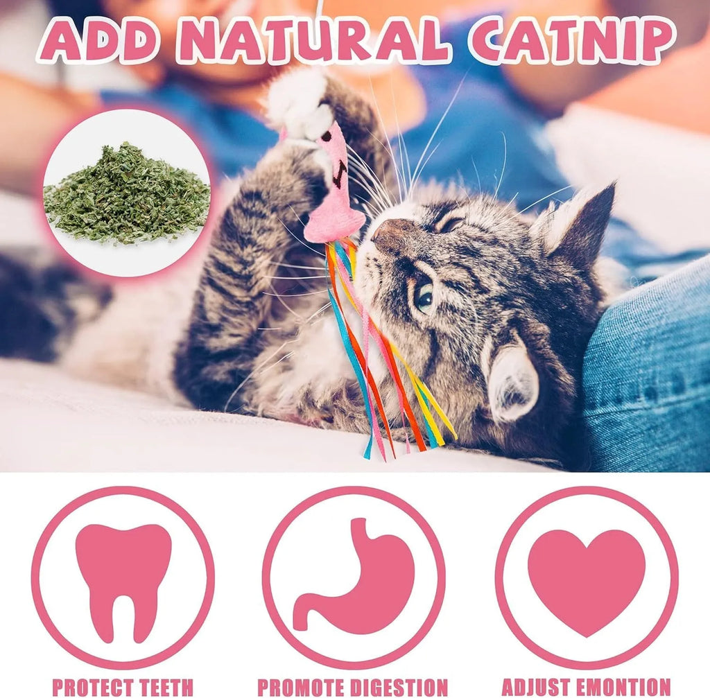 Cat wand toy with wooden handle, elastic rope, colourful ribbons, catnip fish, and bell attachment