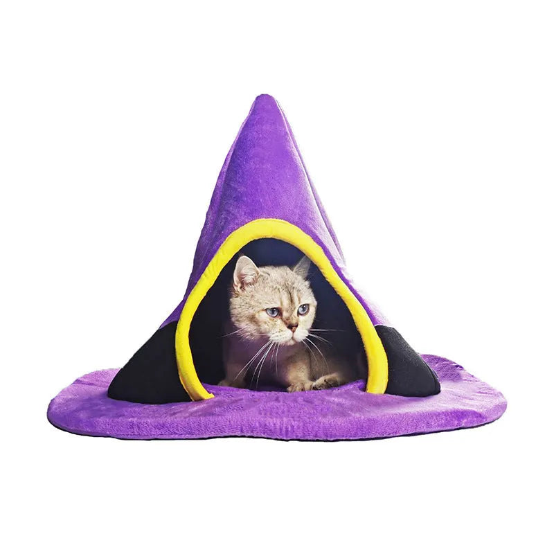 Purple cloth Halloween witch hat shaped cat bed measuring 60x45cm