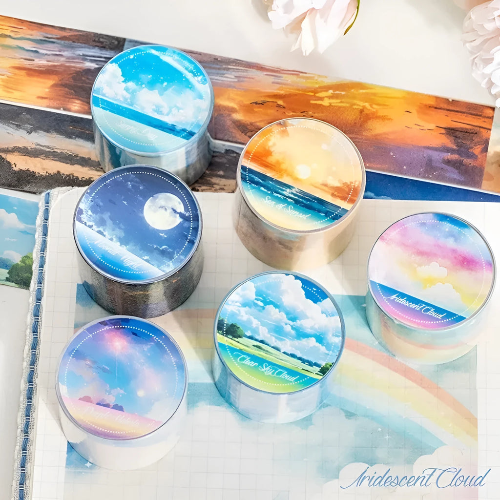 Japanese paper washi tape roll with celestial sky designs including twilight and colourful clouds patterns